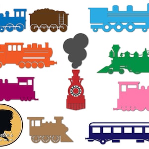 May include: A set of ten train silhouette cut files in various colors, including blue, orange, green, purple, pink, brown, and red. The train silhouettes are in different styles, including a classic steam engine, a boxcar, and a passenger car. The files are perfect for crafting projects, such as scrapbooking, card making, and home decor.