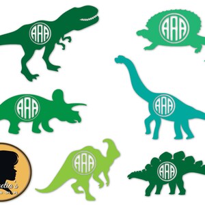 May include: A set of six green, blue and light green dinosaur silhouettes with a circle for a monogram in the centre of each. The monogram is white and the letters are "AAA".
