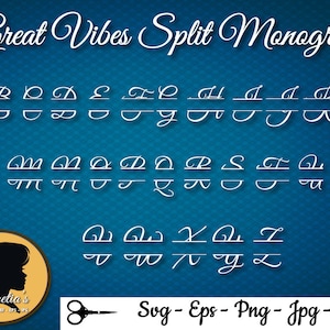 May include: A white font alphabet with the words "Great Vibes Split Monogram" at the top. The letters are split in half with a line separating the top and bottom halves. The letters are in a cursive font.