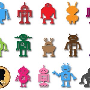 Puede incluir: Un conjunto de 14 imágenes de robots en silueta, en clipart, en varios colores, incluyendo azul, rojo, verde, marrón, naranja, morado, rosa y gris. Los robots están todos en un estilo simple y de dibujos animados.