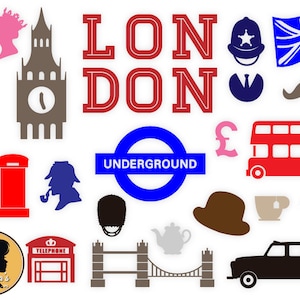 May include: A collection of London themed icons, including a red double-decker bus, a red telephone box, a black taxi, a Union Jack flag, a Big Ben clock tower, and the words "LONDON" and "UNDERGROUND".