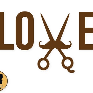 May include: Brown silhouette of the word "LOVE" with a pair of scissors crossed in the middle and a mustache above the scissors.