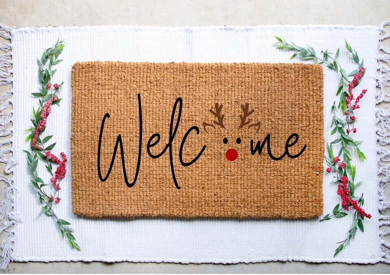 Welcome Reindeer Doormat, Christmas Doormat, Cute Doormat, Holiday Doormats, Christmas Decor, Farmhouse Decor image 1