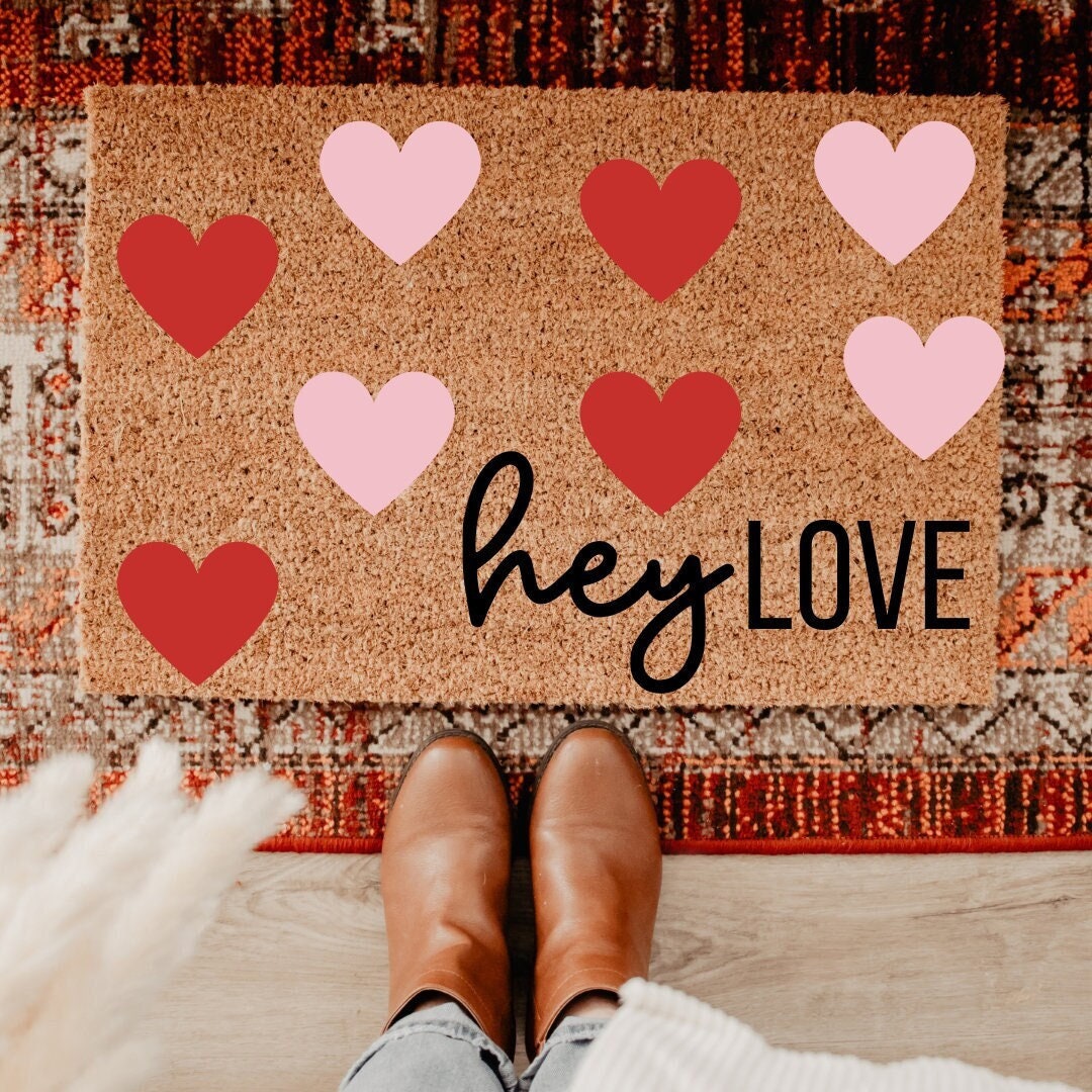 Heart Doormat Hey Love Doormat Valentines Doormat Valentines Colors