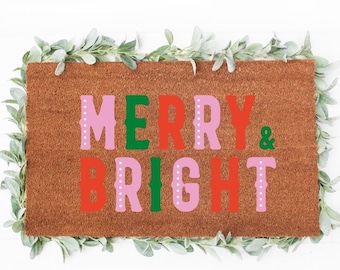 Merry & Bright Colorful Doormat, Christmas Doormat - Cute Doormat, Holiday Doormats, Christmas Decor, Farmhouse Decor