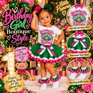 May include: A white t-shirt with a Cabbage Patch Kids graphic, a green glittery tutu skirt with pink and white ribbon trim, and white ruffle socks with green and pink trim. The outfit features a bow on the skirt and matching hair accessories.