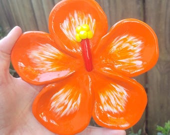Orange Hibiscus Flower Jewelry Dish, Handcrafted Polymer Clay Trinket Tray