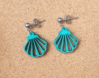 Teal Hand painted Seashell Wood Ball Post Dangle Earrings Stainless Steel