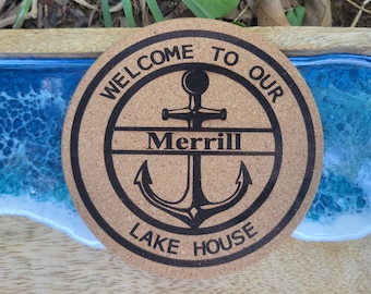 Personalized Engraved Cork Coasters, Lake House Decor, Anchor Design