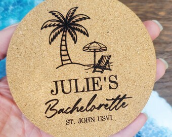 Custom Beach Bachelorette Party Favors Cork Coasters, Personalized Thick Engraved Coastal Bridesmaid Weekend Gifts