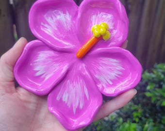 Fuchsia Hibiscus Flower Jewelry Dish, Handcrafted Polymer Clay Trinket Tray