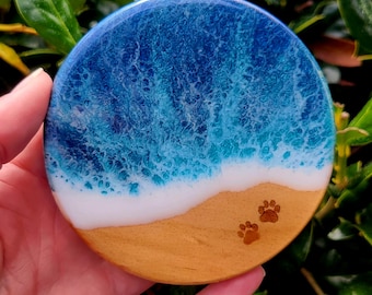 Resin and Wood Ocean Coaster Set with Engraved Dog Cat Paw Print