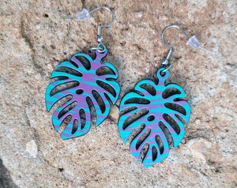 Teal and Purple Hand Painted Seashell Wood Dangle Earrings Surgical Steel