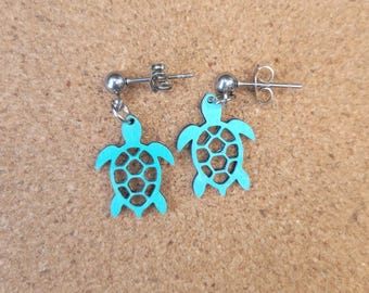 Tiffany Blue Hand Painted Sea Turtle Wood Ball Post Dangle Earrings Stainless Steel