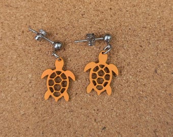 Orange Hand Painted Sea Turtle Wood Ball Post Dangle Earrings Stainless Steel