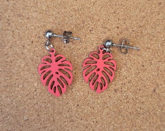 Red Coral Hand Painted Monstera Leaf Wood Ball Post Dangle Earrings Stainless Steel
