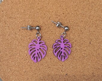 Purple Hand Painted Monstera Leaf Wood Ball Post Dangle Earrings Stainless Steel