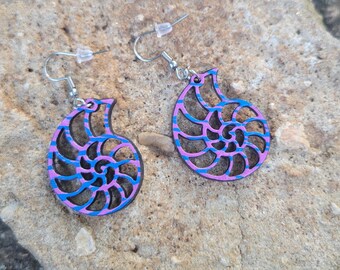 Purple and Blue Hand Painted Seashell Wood Dangle Earrings Surgical Steel