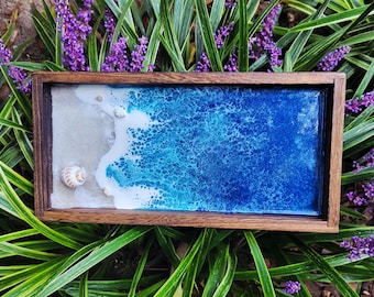 Resin, Sand, and Seashell Ocean Paulownia Wood Catchall Tray