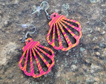 Pink and Orange Hand Painted Seashell Wood Dangle Earrings Surgical Steel