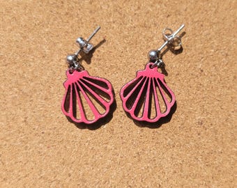 Coral, Peach/ Pink Hand painted Seashell Wood Ball Post Dangle Earrings Stainless Steel