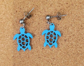 Blue Hand Painted Sea Turtle Wood Ball Post Dangle Earrings Stainless Steel