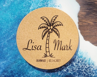 Custom Beach Wedding Favors Cork Coasters, Personalized Thick Engraved Coastal Bridal Shower Bachelorette Gifts