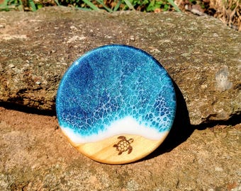 Resin and Wood Ocean Coaster Set with Engraved Sea Turtle