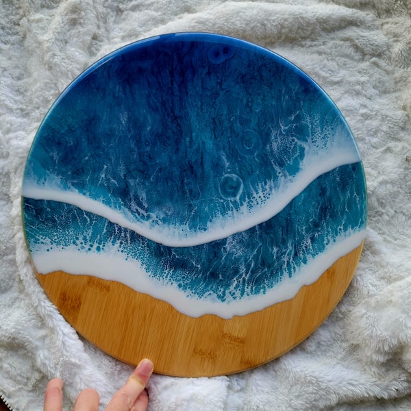 14 Inch Lazy Susan Resin Ocean Bamboo Wood Charcuterie/ Cutting Board 3D Waves