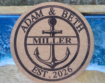 Custom Beach Wedding Favors Cork Coasters, Personalized Thick Engraved Coastal Bridal Shower Bachelorette Gifts