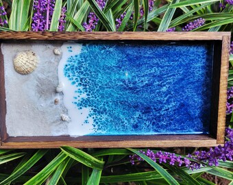Resin, Sand, and Seashell Ocean Paulownia Wood Catchall Tray