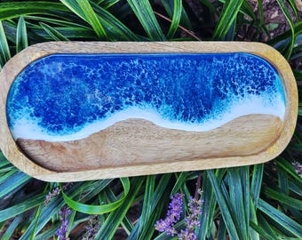 Handmade Resin Ocean Wave Mango Wood Tray, Coastal Jewelry Dish (12x5 inches)