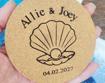 Custom Beach Wedding Favors Cork Coasters, Personalized Thick Engraved Coastal Bridal Shower Bachelorette Gifts