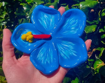 Blue Hibiscus Flower Jewelry Dish, Handcrafted Polymer Clay Trinket Tray