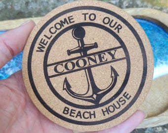 Personalized Engraved Cork Coasters, Beach House Decor, Anchor Design