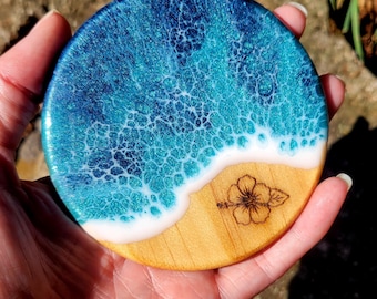 Resin and Wood Ocean Coaster Set with Engraved Hibiscus Flower