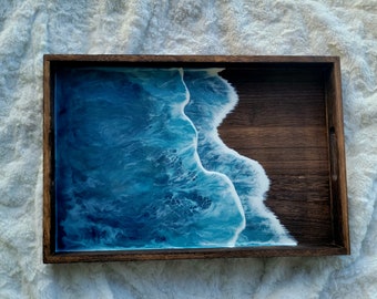 Resin Ocean Tray with Handles Paulownia Wood