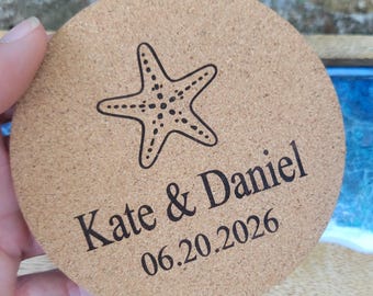 Custom Beach Wedding Favors Cork Coasters, Personalized Thick Engraved Coastal Bridal Shower Bachelorette Gifts