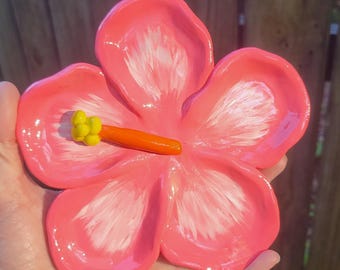 Peachy Pink Hibiscus Flower Jewelry Dish, Handcrafted Polymer Clay Trinket Tray