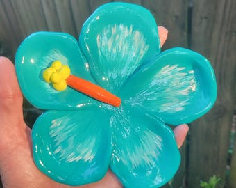 Laguna Green Blue Hibiscus Flower Jewelry Dish, Handcrafted Polymer Clay Trinket Tray