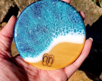 Resin and Wood Ocean Coaster Set with Engraved Sandals