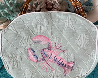 Bermuda Bag Bamboo Handle Embroidered Lobster