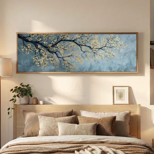 Väggkonst med gyllene trädgrenar - Lång smal botanisk canvasduk, panoramadekor
