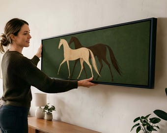Pareja de caballos minimalista - Lienzo panorámico grande, arte ecuestre para pared