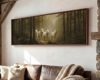 Manada de lobos blancos – Lienzo panorámico de fauna silvestre en un bosque, arte mural moderno horizontal.