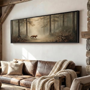 Panoramic Fox Forest Canvas Wall Art - Moody Vintage Woodland Print, Framed Rustic Decor