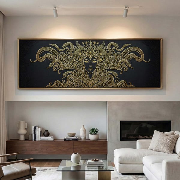 Greek Mythology Medusa Wall Art - Floating Frame Wide Horizontal Canvas, Mythological Gorgon Wall Decor