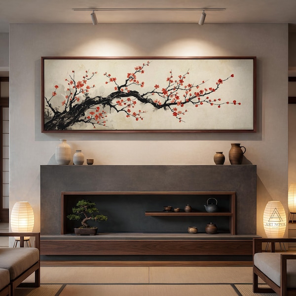Wabi-Sabi-Panorama-Baumzweig – Minimalistische japanische Leinwand-Wandkunst für Schlafzimmer