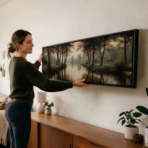 Moody Forest Art - Panoramic River Moody Green Landscape Canvas