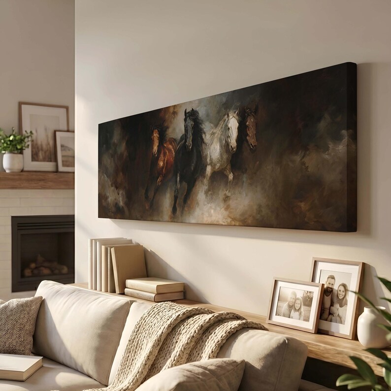 Running Horses Art - Panoramic Canvas Wall Art Masculine Moody Decor - Etsy